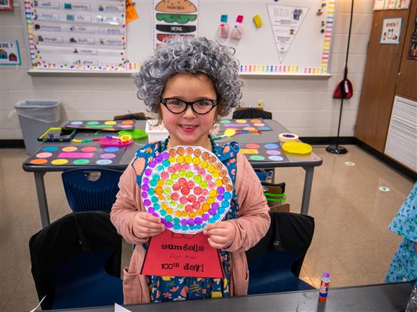 Students participating in 100th day of school activities. 